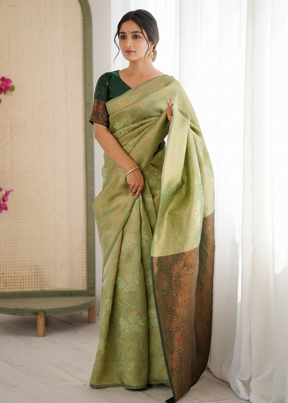 Pista Green Floral Woven Silk Saree