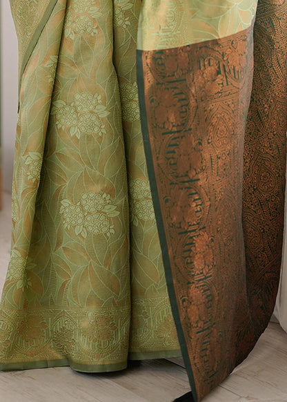 Pista Green Floral Woven Silk Saree