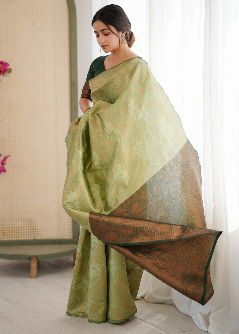 Pista Green Floral Woven Silk Saree