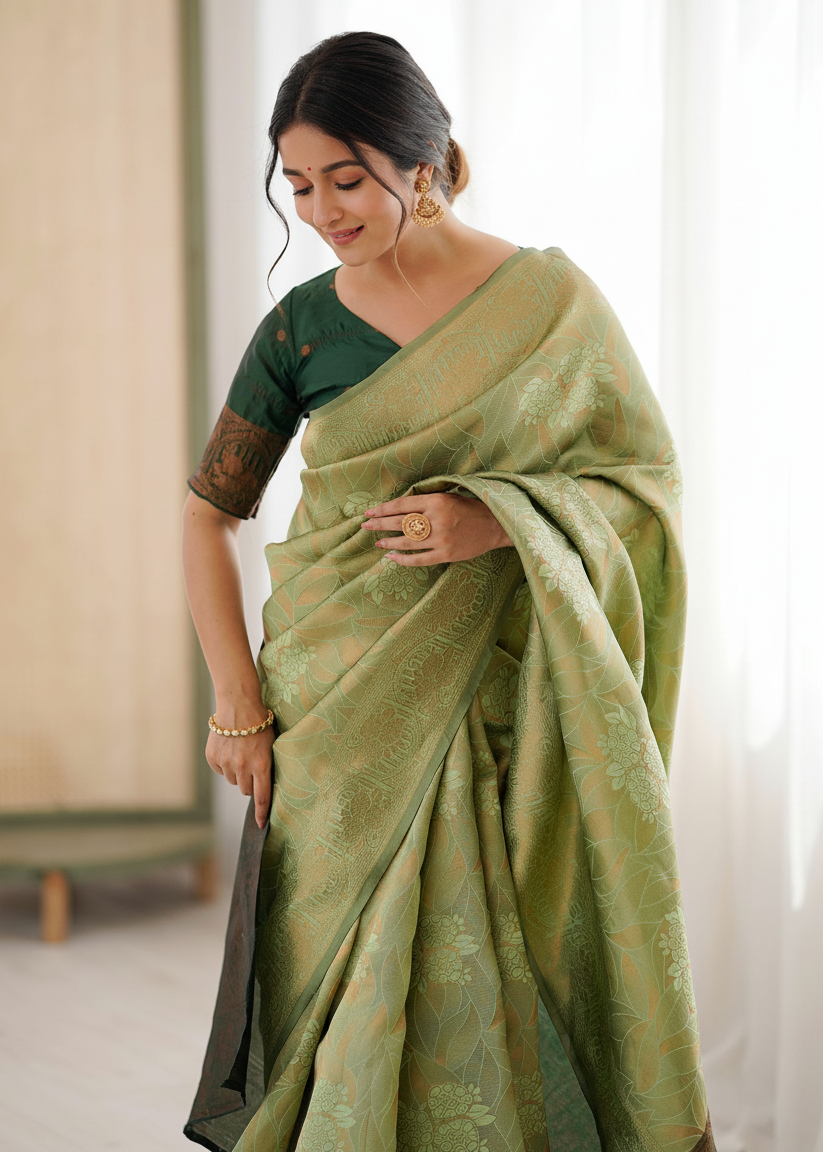 Pista Green Floral Woven Silk Saree