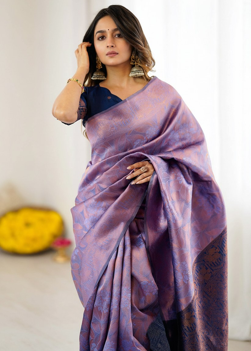 Lavender Purple Motif Woven Silk Saree