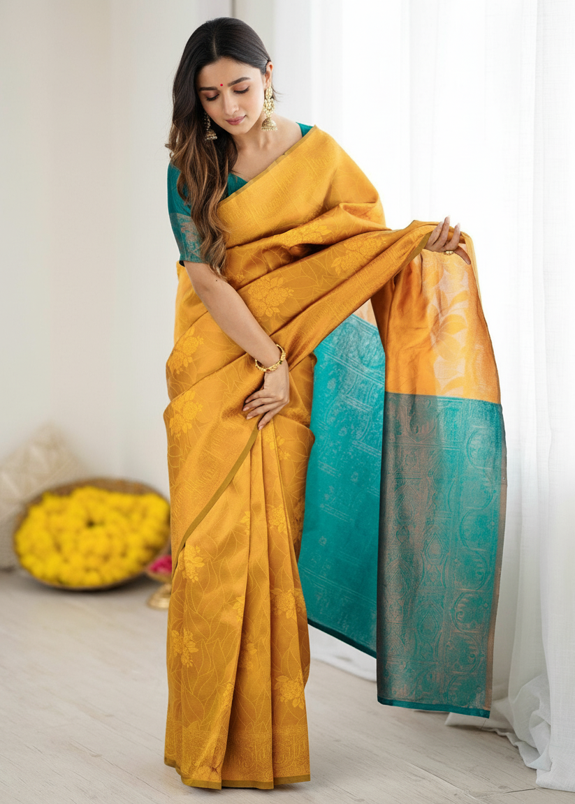 Mustard Yellow Antique Motif Woven Silk Saree