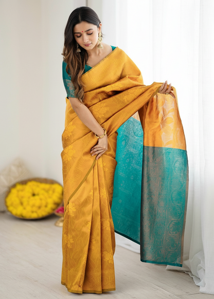 Mustard Yellow Antique Motif Woven Silk Saree