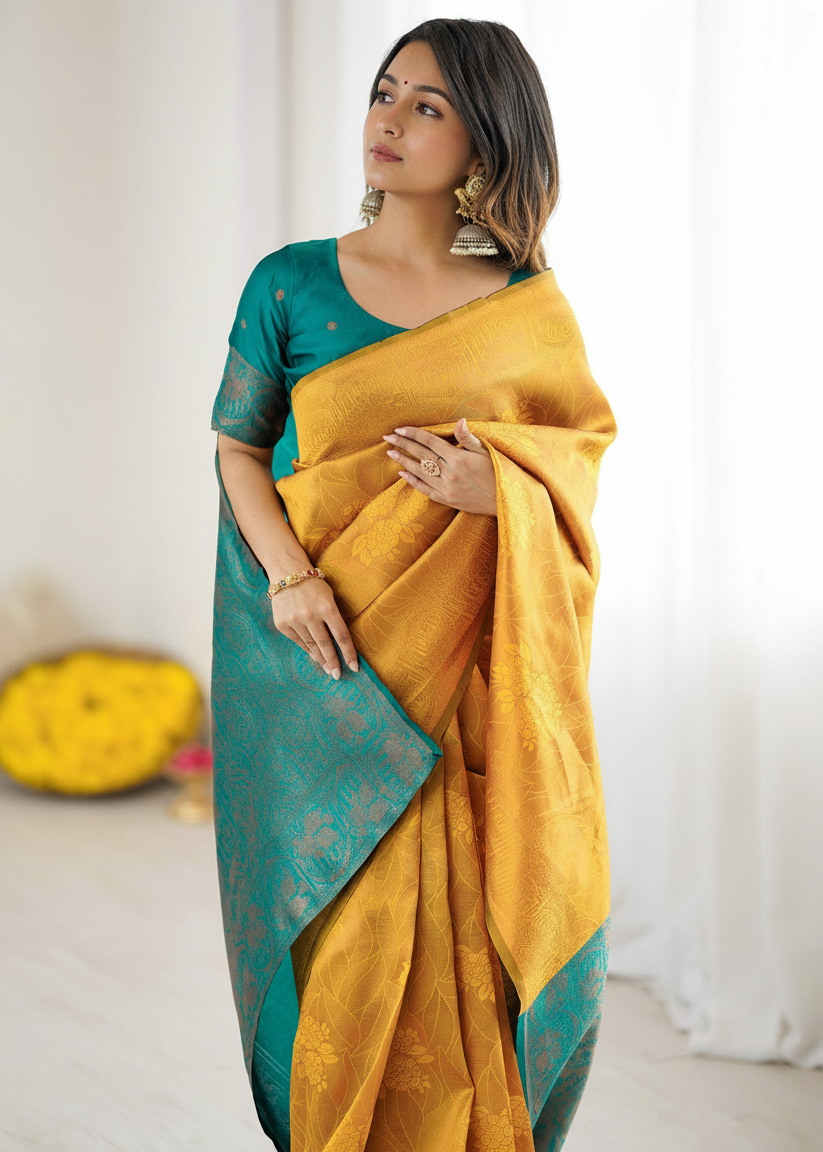 Mustard Yellow Antique Motif Woven Silk Saree