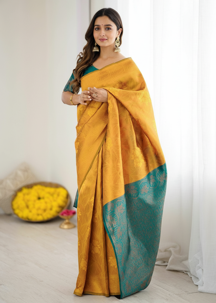 Mustard Yellow Antique Motif Woven Silk Saree