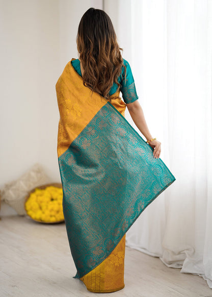 Mustard Yellow Antique Motif Woven Silk Saree