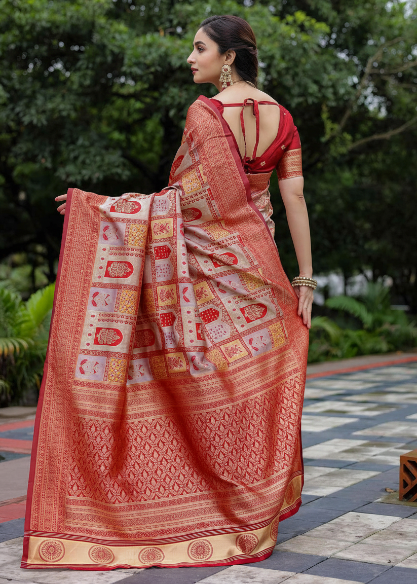 Gajari Red Traditional Motif Woven Silk Saree