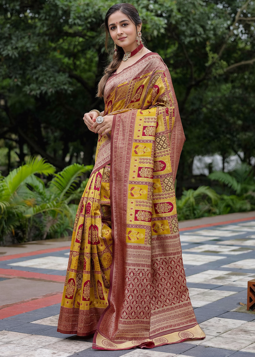 Mustard Gold Traditional Motif Woven Silk Saree