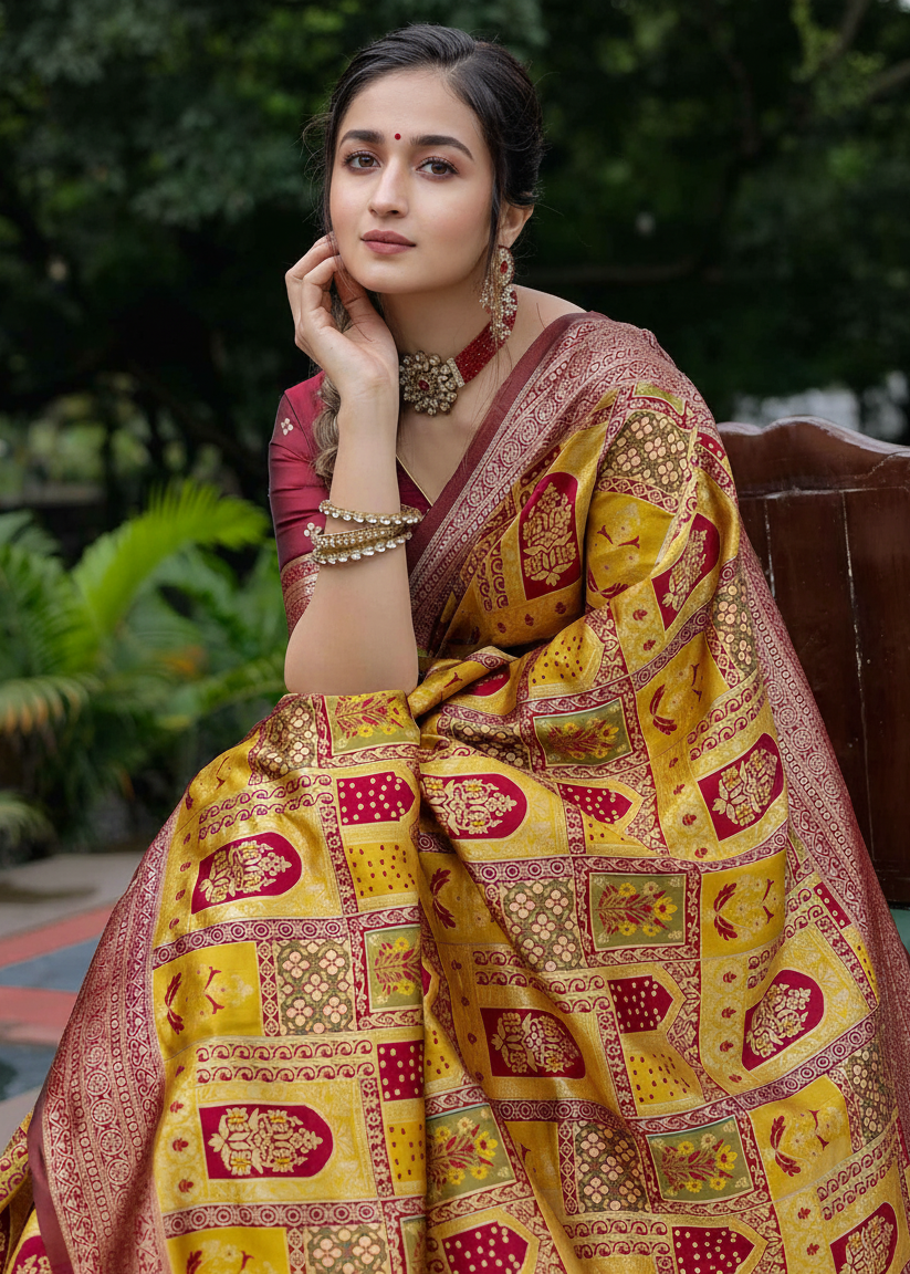 Mustard Gold Traditional Motif Woven Silk Saree