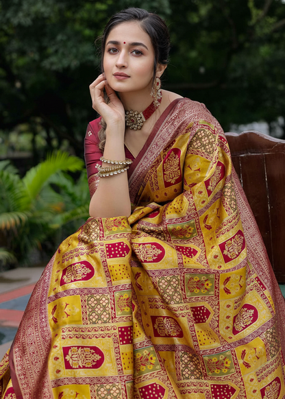 Mustard Gold Traditional Motif Woven Silk Saree