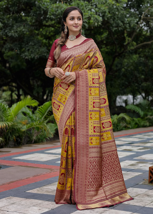 Mustard Gold Traditional Motif Woven Silk Saree
