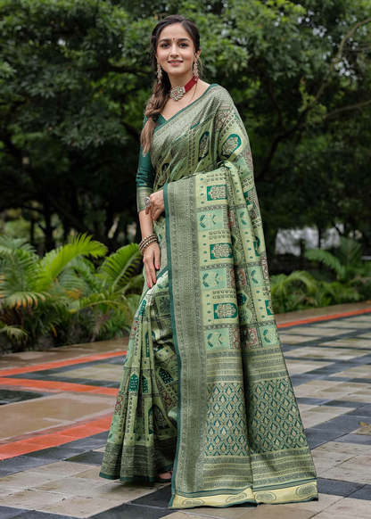 Olive Green Traditional Motif Woven Silk Saree
