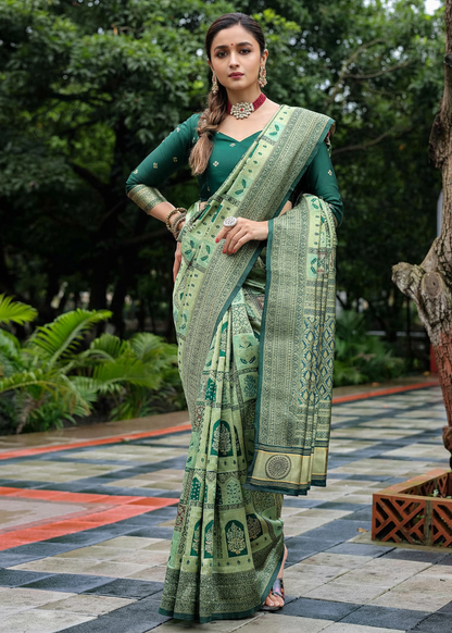 Olive Green Traditional Motif Woven Silk Saree