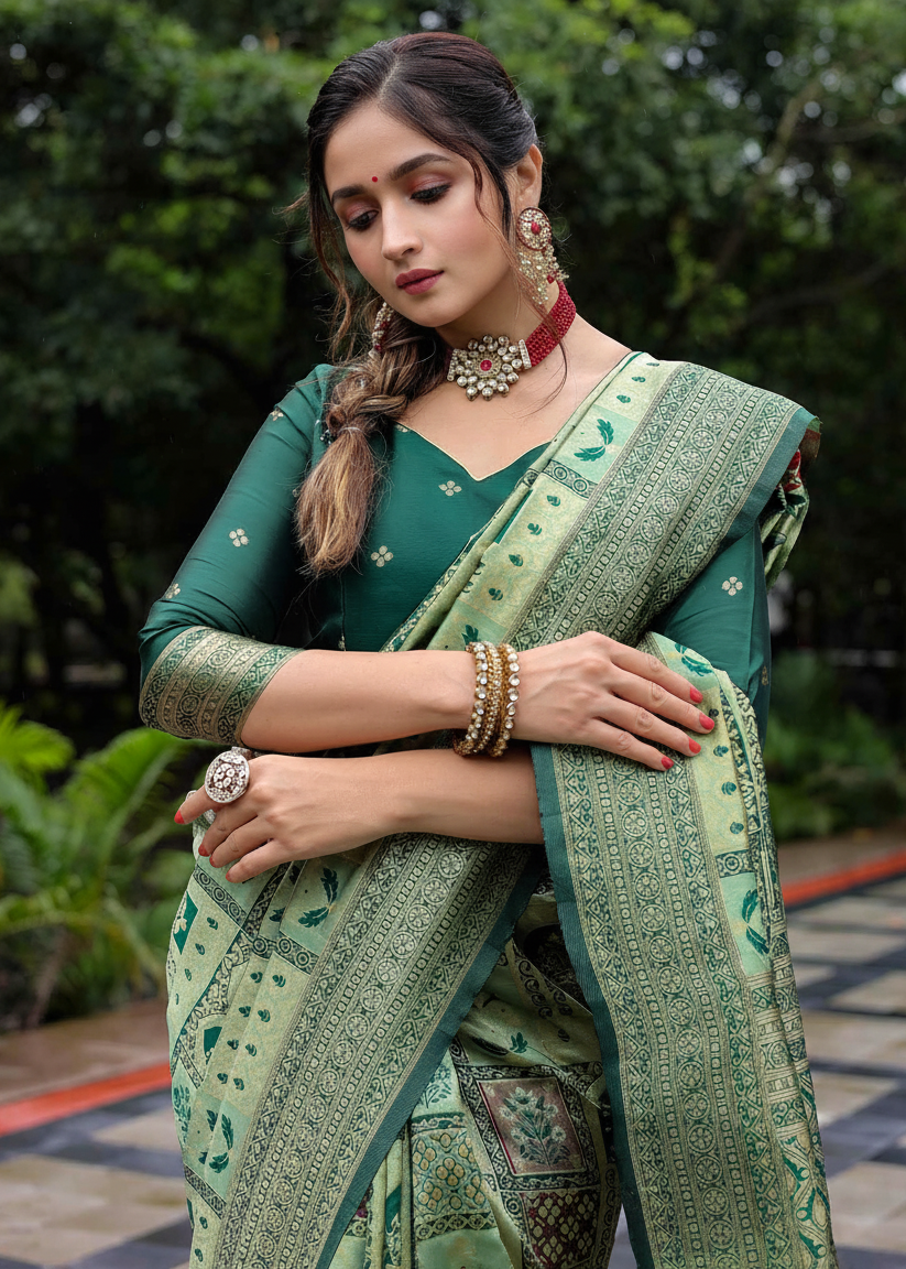 Olive Green Traditional Motif Woven Silk Saree