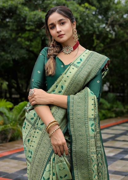 Olive Green Traditional Motif Woven Silk Saree