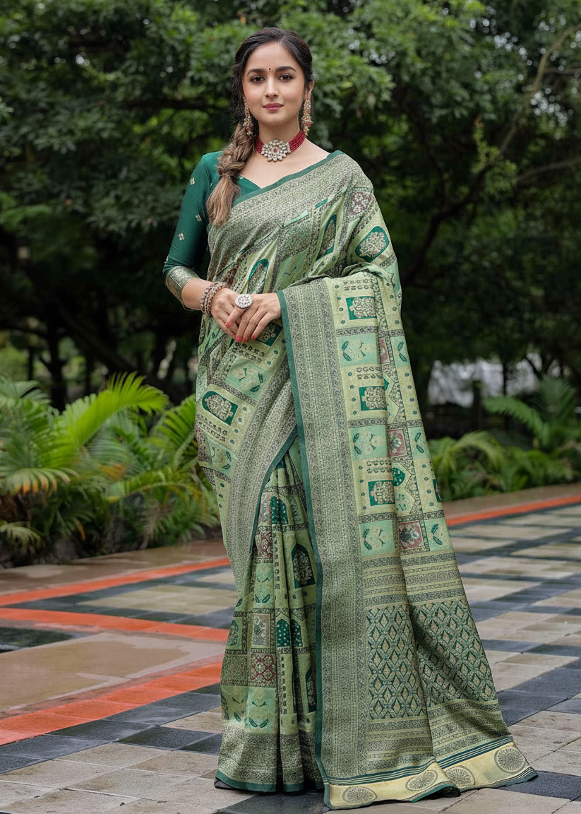 Olive Green Traditional Motif Woven Silk Saree