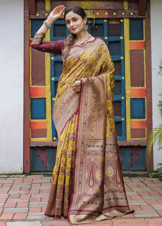 Deep Yellow Geometric Motif Woven Silk Saree