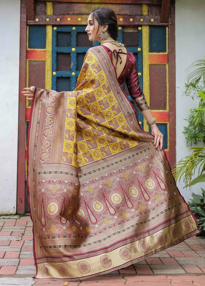 Deep Yellow Geometric Motif Woven Silk Saree