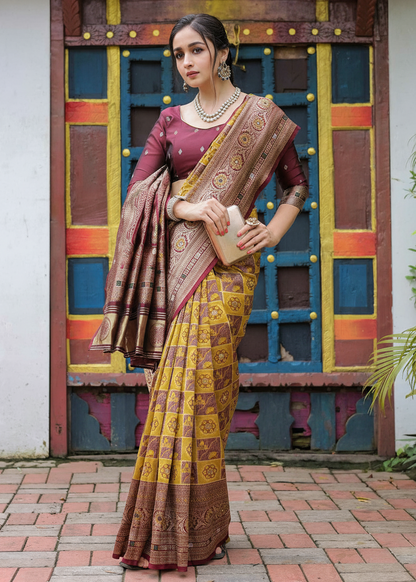 Deep Yellow Geometric Motif Woven Silk Saree
