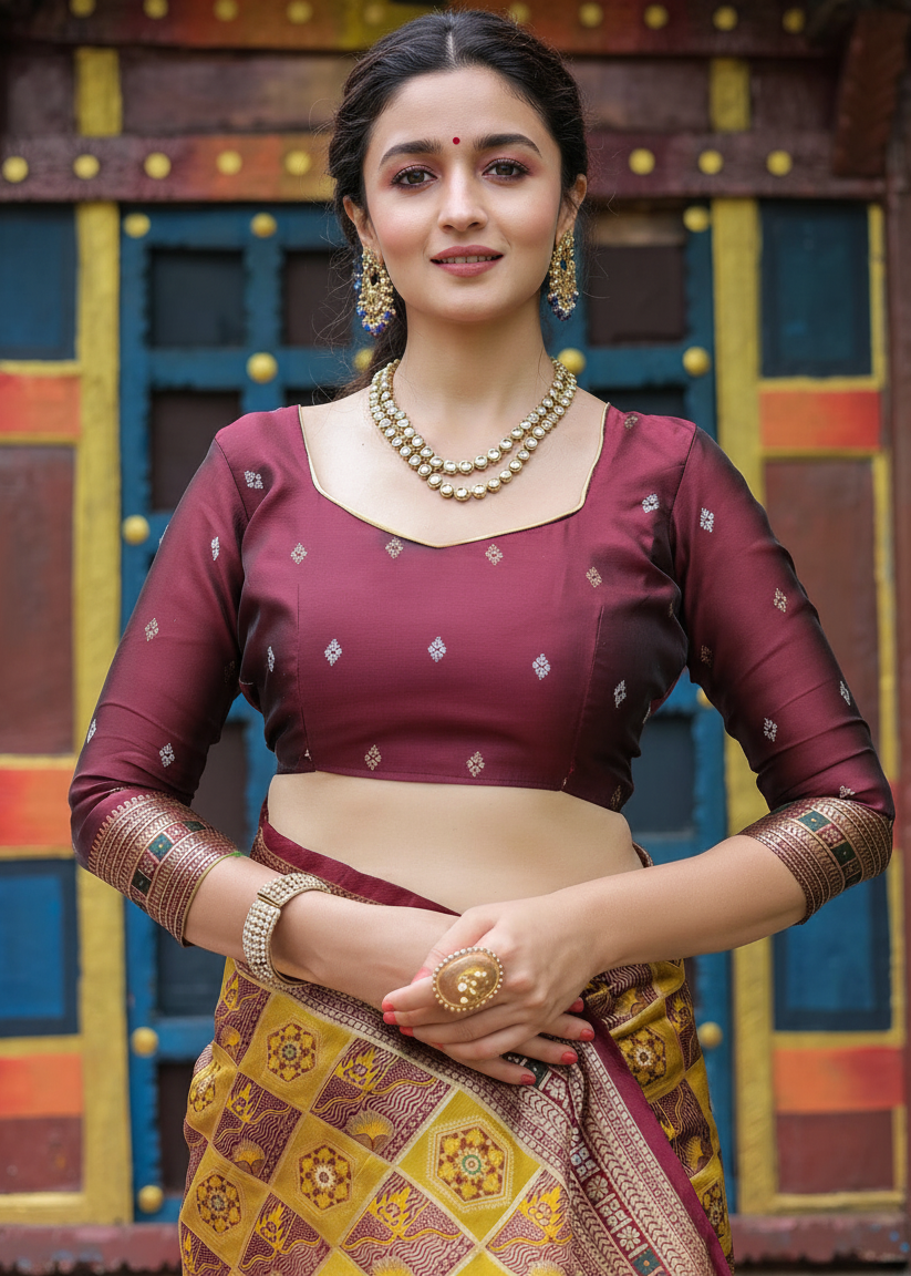 Deep Yellow Geometric Motif Woven Silk Saree