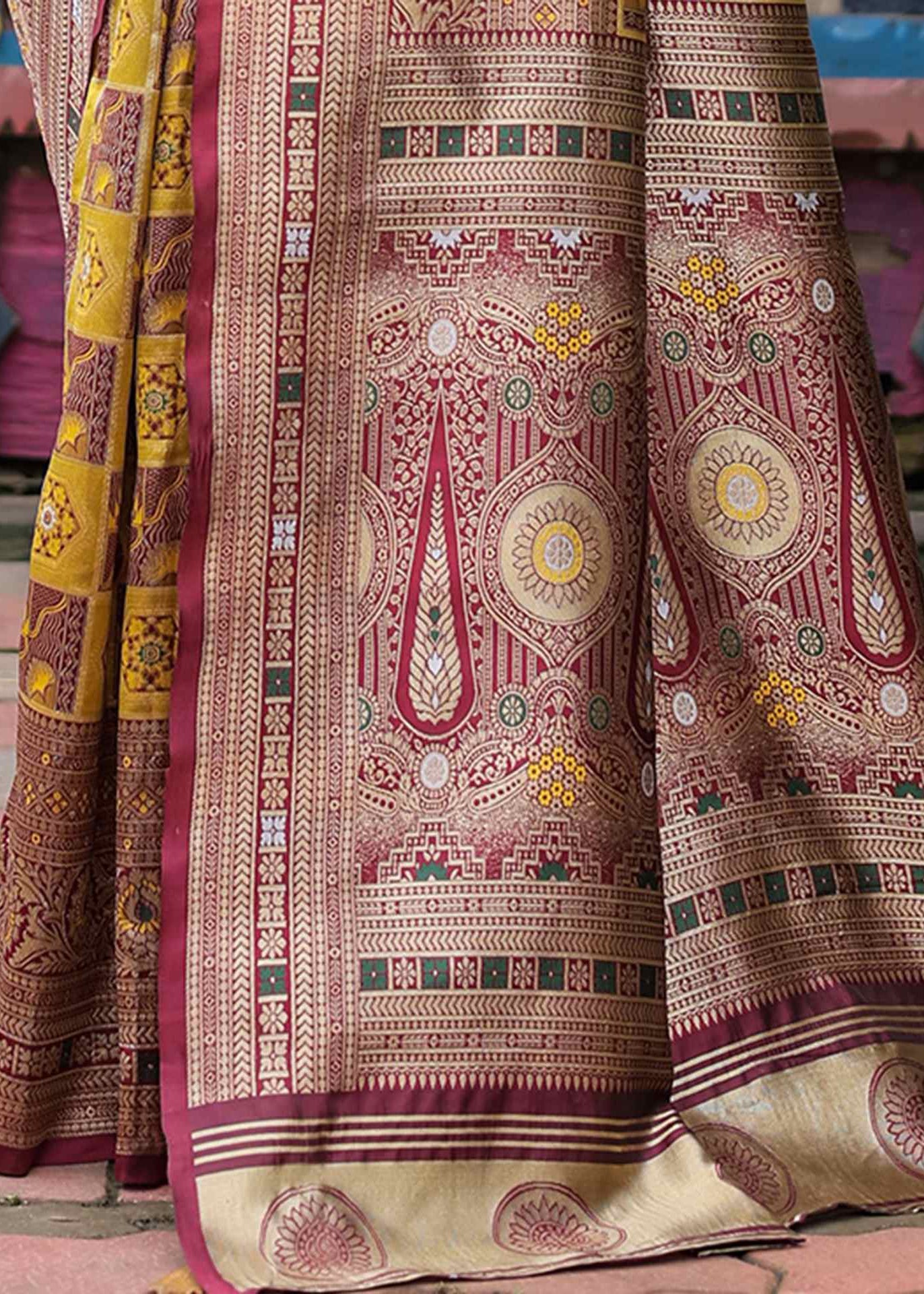 Deep Yellow Geometric Motif Woven Silk Saree