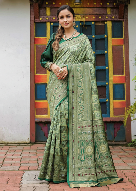 Sea Green Geometric Motif Woven Silk Saree