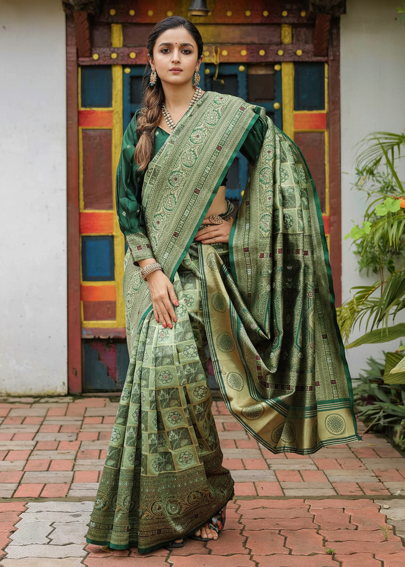 Sea Green Geometric Motif Woven Silk Saree
