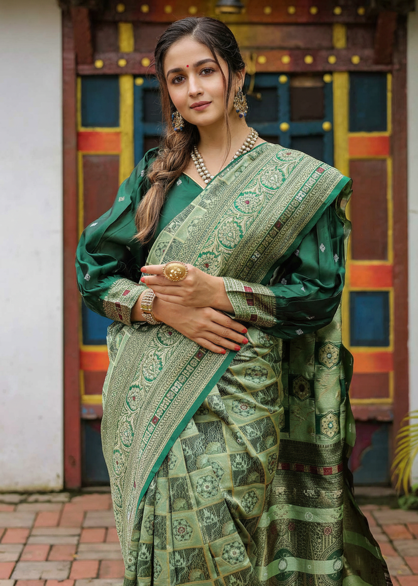 Sea Green Geometric Motif Woven Silk Saree