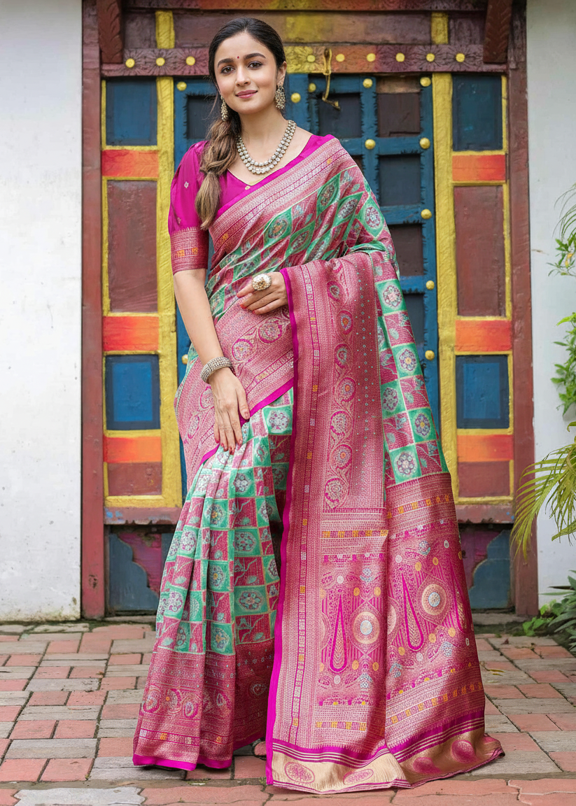 Rani Pink and Sea Green Geometric Woven Silk Saree