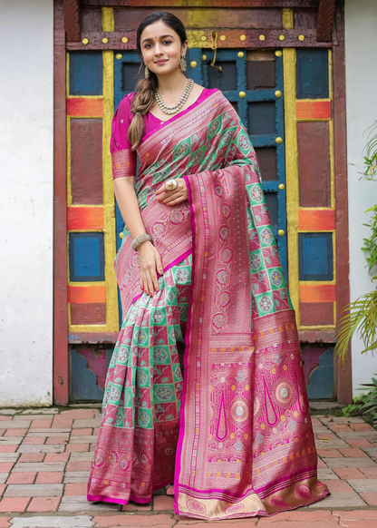 Rani Pink and Sea Green Geometric Woven Silk Saree