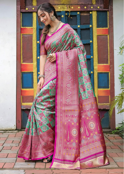 Rani Pink and Sea Green Geometric Woven Silk Saree