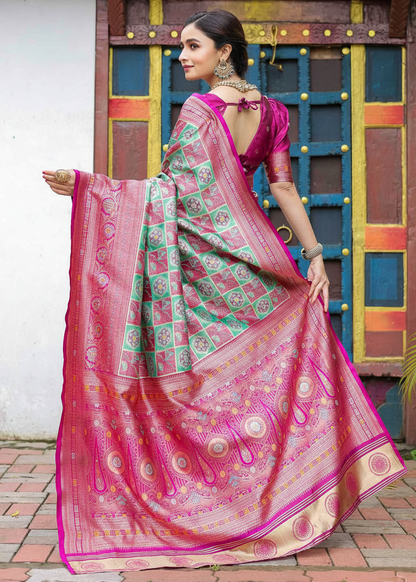 Rani Pink and Sea Green Geometric Woven Silk Saree