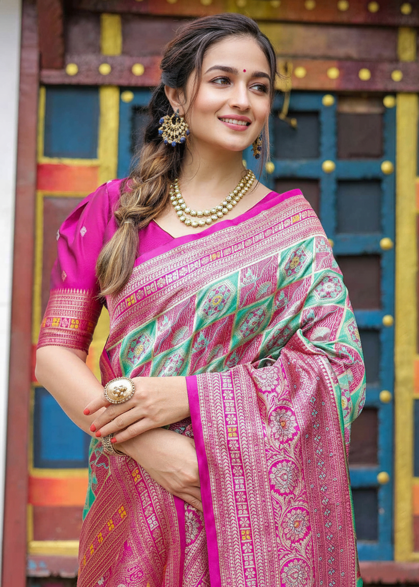 Rani Pink and Sea Green Geometric Woven Silk Saree