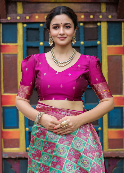 Rani Pink and Sea Green Geometric Woven Silk Saree