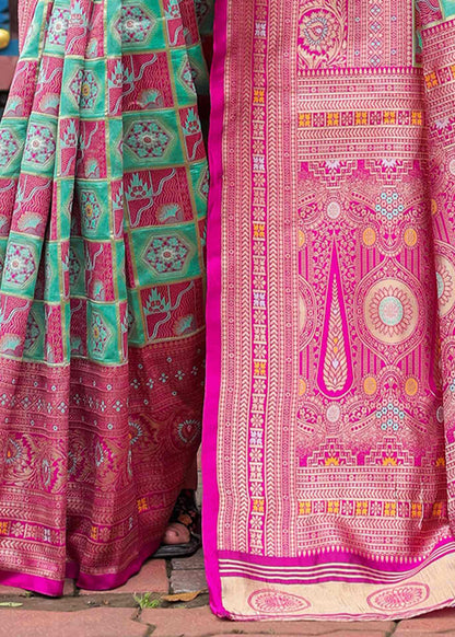 Rani Pink and Sea Green Geometric Woven Silk Saree