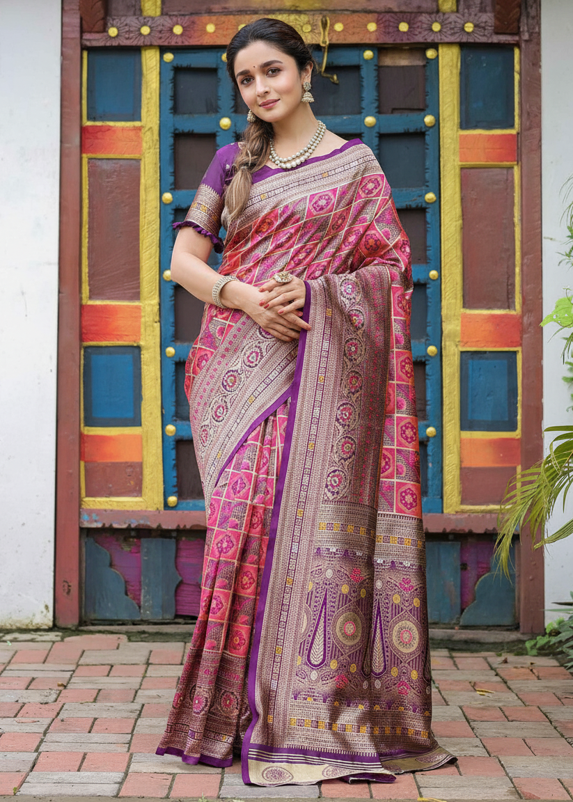 Purple And Magenta Geometric Woven Silk Saree