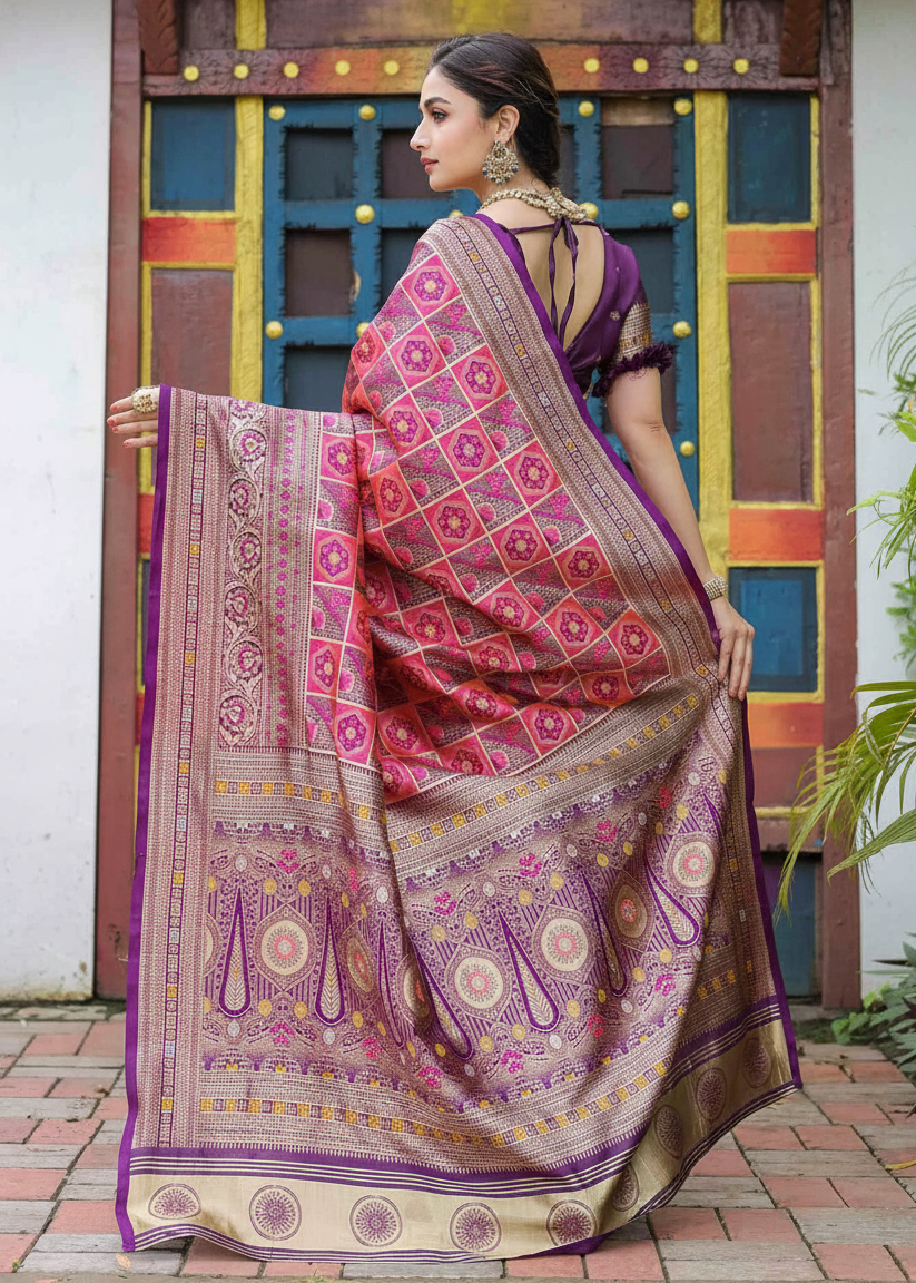 Purple And Magenta Geometric Woven Silk Saree