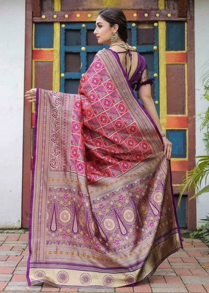 Purple And Magenta Geometric Woven Silk Saree