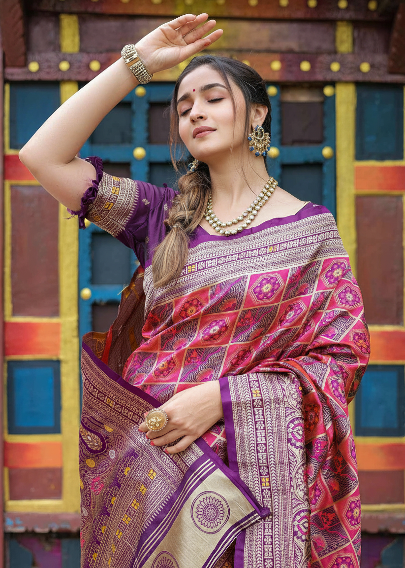 Purple And Magenta Geometric Woven Silk Saree