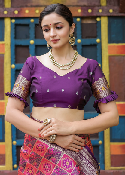 Purple And Magenta Geometric Woven Silk Saree