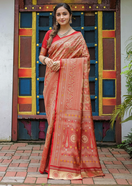 Crimson Red Geometric Woven Silk Saree