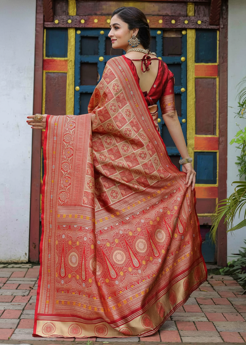 Crimson Red Geometric Woven Silk Saree