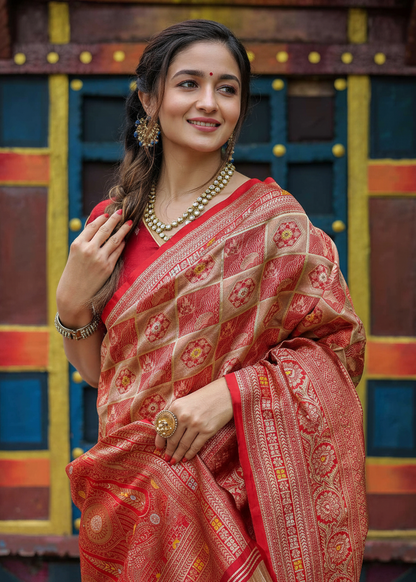 Crimson Red Geometric Woven Silk Saree