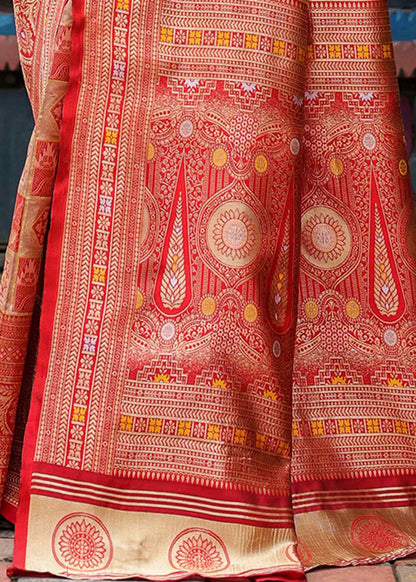 Crimson Red Geometric Woven Silk Saree