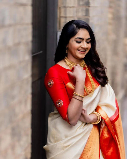 Exquisite Vanilla & Garnet Rich Pallu Saree with Exclusive Jacquard Work