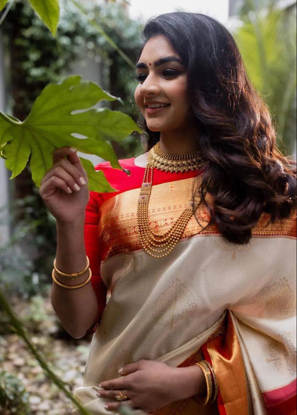 Exquisite Vanilla & Garnet Rich Pallu Saree with Exclusive Jacquard Work