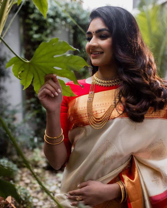 Exquisite Vanilla & Garnet Rich Pallu Saree with Exclusive Jacquard Work
