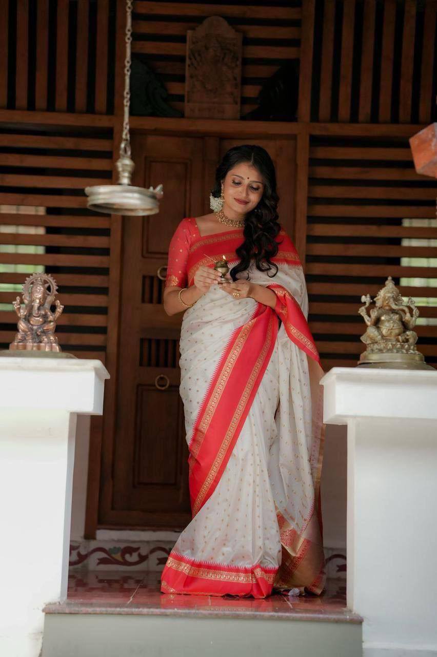 Golden Aura – White Saree with Red Border with All-Over Jacquard Work