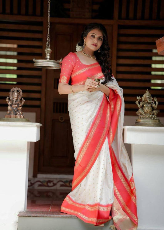 Golden Aura – White Saree with Red Border with All-Over Jacquard Work