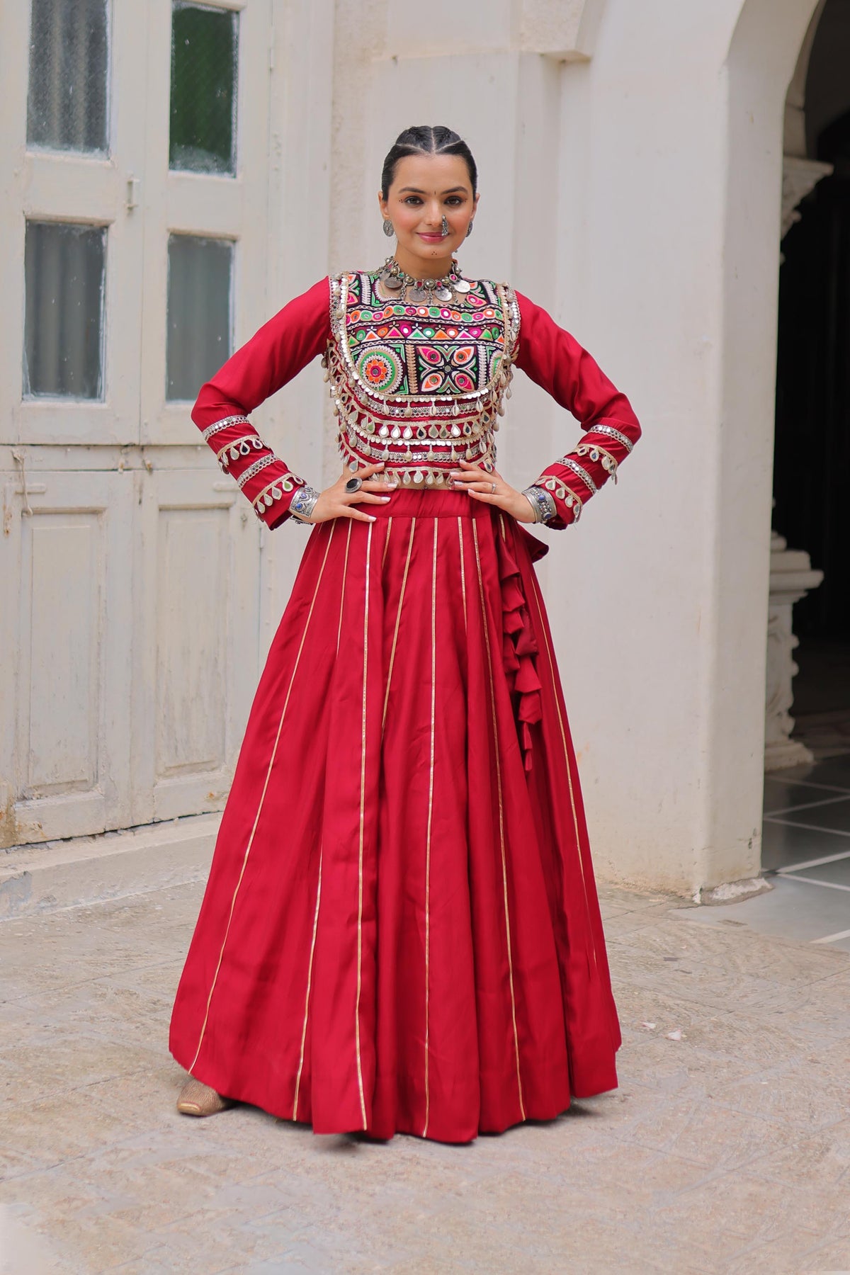 Saanchi Kutchi Maroon Roman Silk Lehenga Set